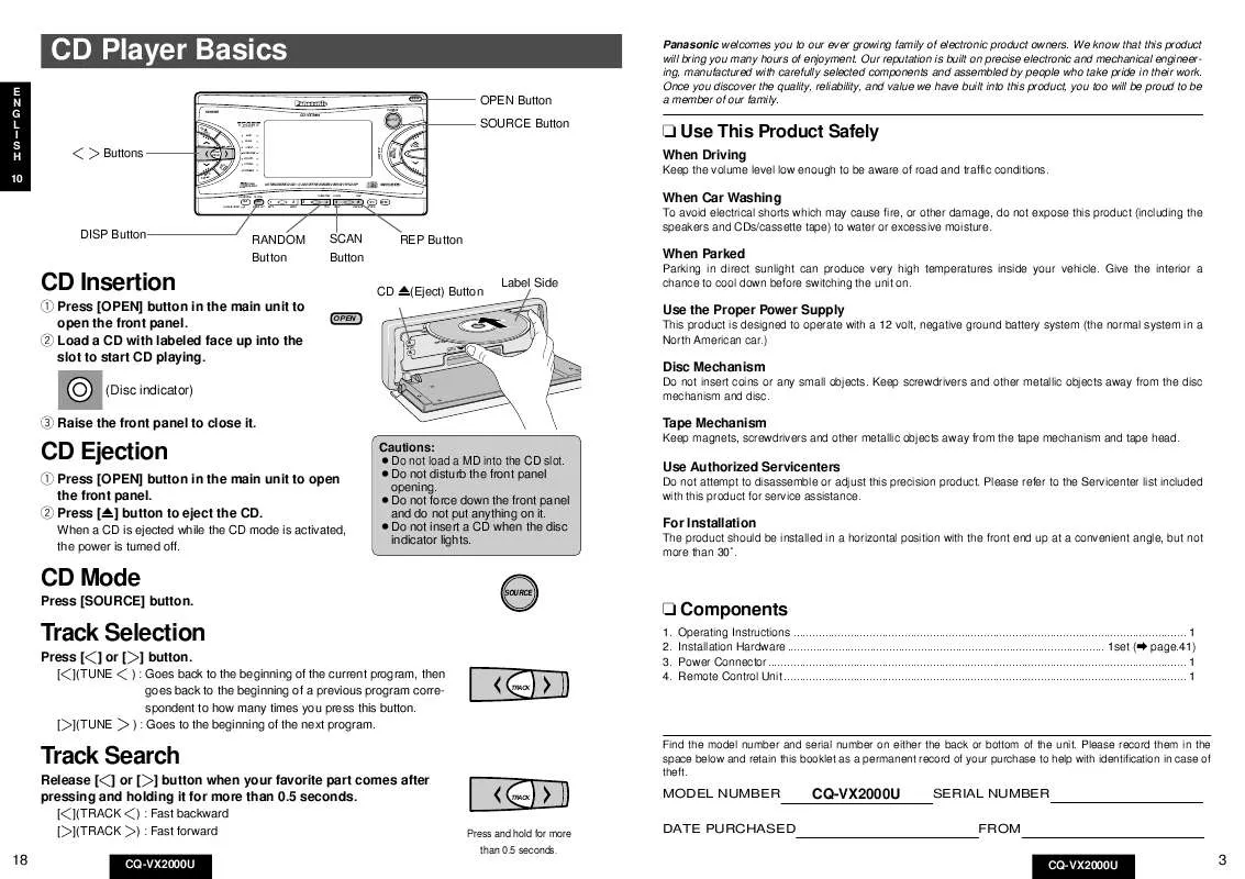 Mode d'emploi PANASONIC CQ-VX2000U