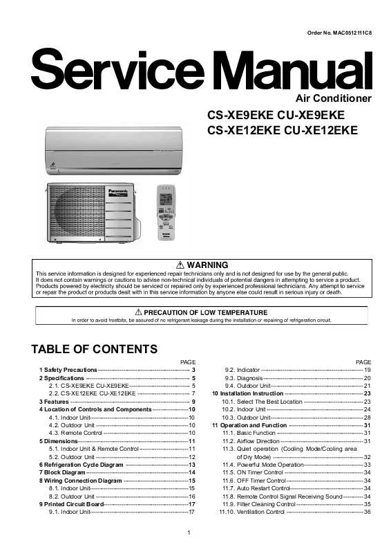 Mode d'emploi PANASONIC CS-XE12EKE