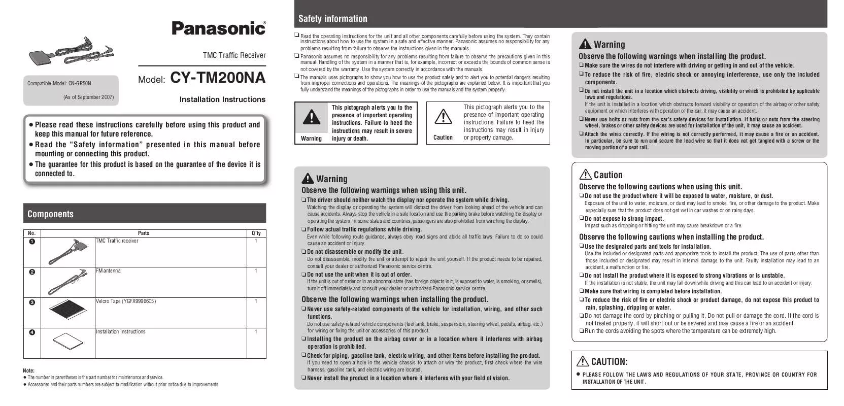 Mode d'emploi PANASONIC CY-TM200NA