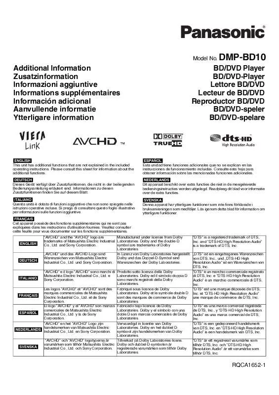 Mode d'emploi PANASONIC DMP-BD10AEG