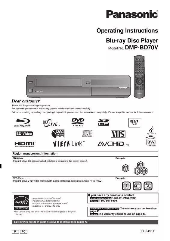 Mode d'emploi PANASONIC DMP-BD70V