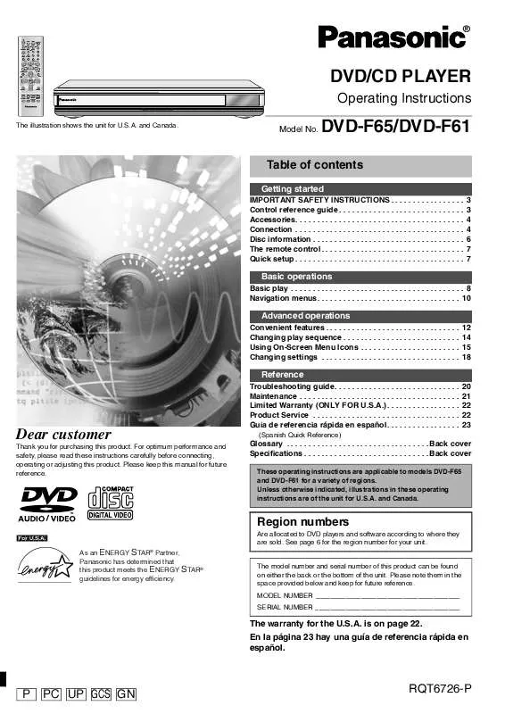 Mode d'emploi PANASONIC DVD-F61