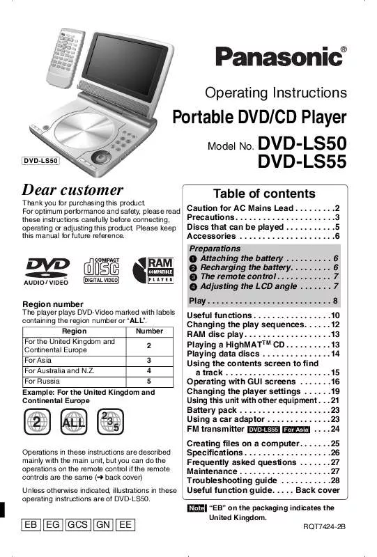 Mode d'emploi PANASONIC DVD-LS55EB