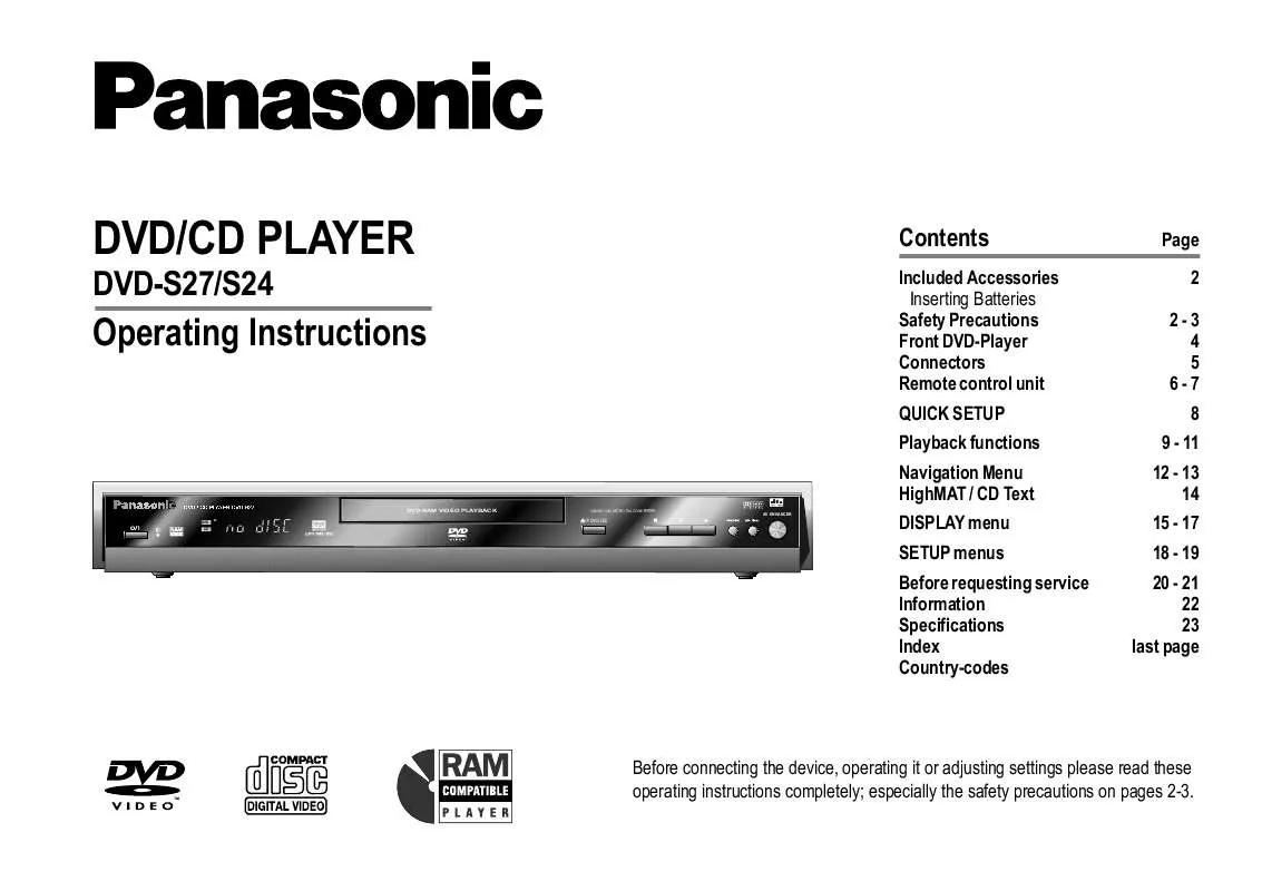 Mode d'emploi PANASONIC DVD-S24EG