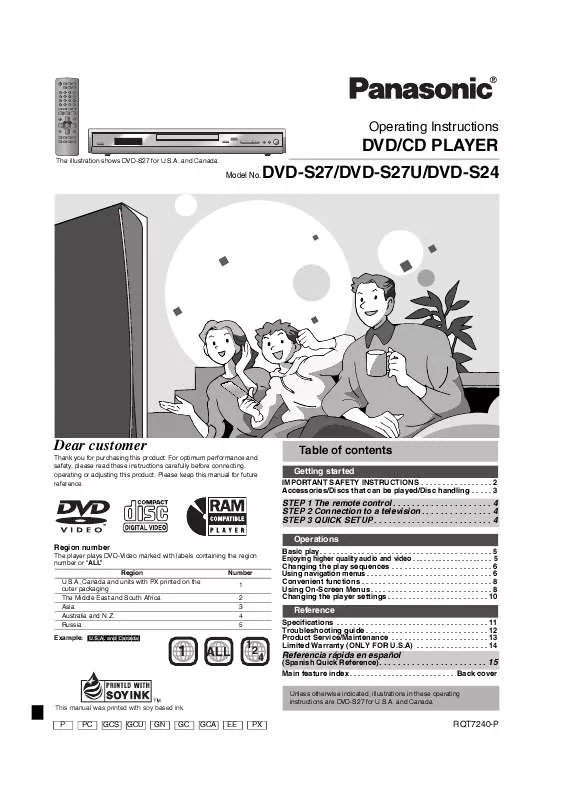 Mode d'emploi PANASONIC DVD-S27PLA