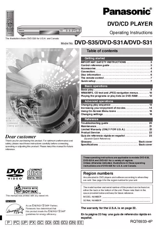 Mode d'emploi PANASONIC DVD-S31