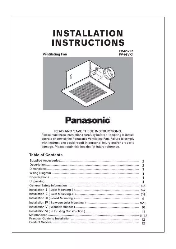 Mode d'emploi PANASONIC FV-05VK1