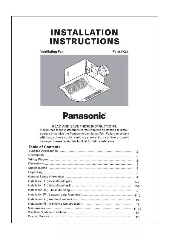 Mode d'emploi PANASONIC FV-08VKL1