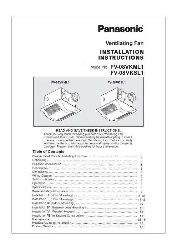 Mode d'emploi PANASONIC FV-08VKML1