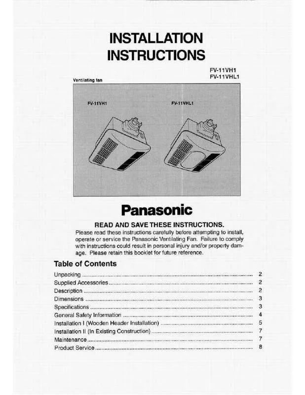 Mode d'emploi PANASONIC FV-11VH1