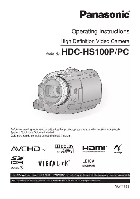 Mode d'emploi PANASONIC HDC-HS100PC