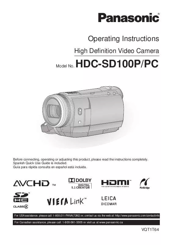 Mode d'emploi PANASONIC HDC-SD100P