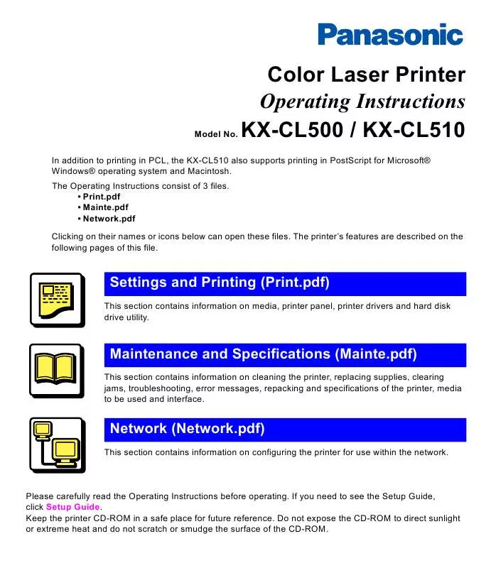 Mode d'emploi PANASONIC JETWRITER KX-CL500