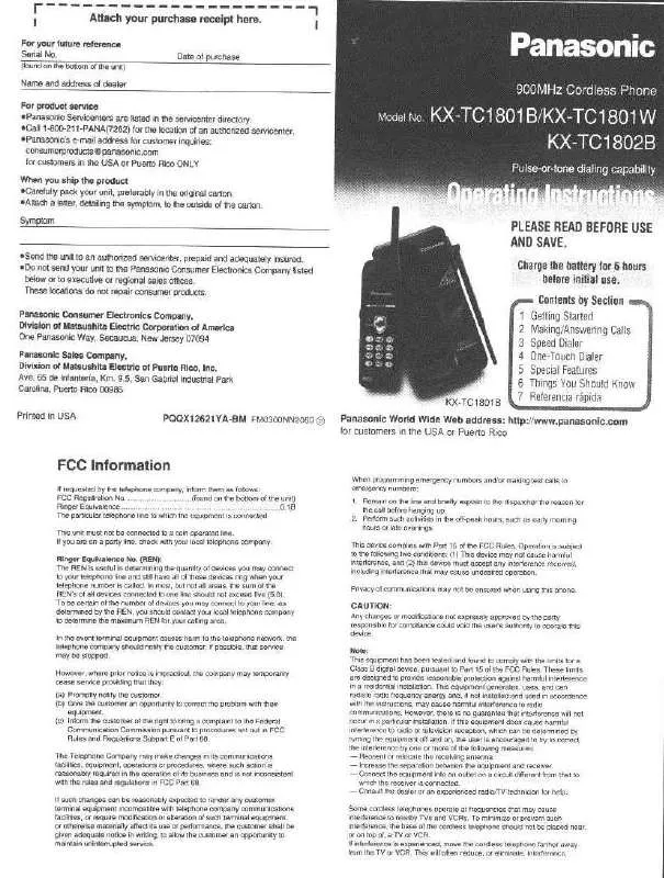 Mode d'emploi PANASONIC KX-TC1801