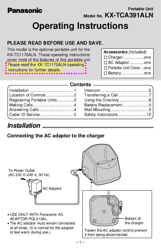 Mode d'emploi PANASONIC KX-TCA391ALN