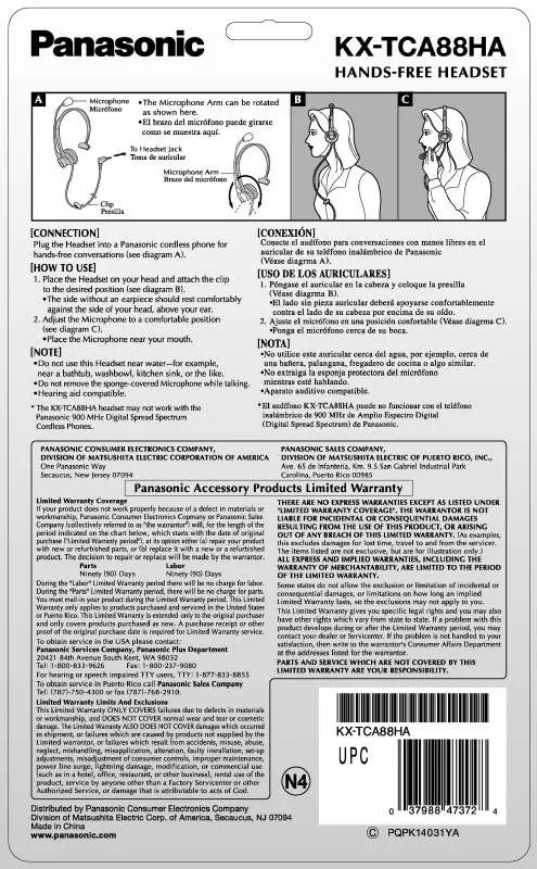 Mode d'emploi PANASONIC KX-TCA88