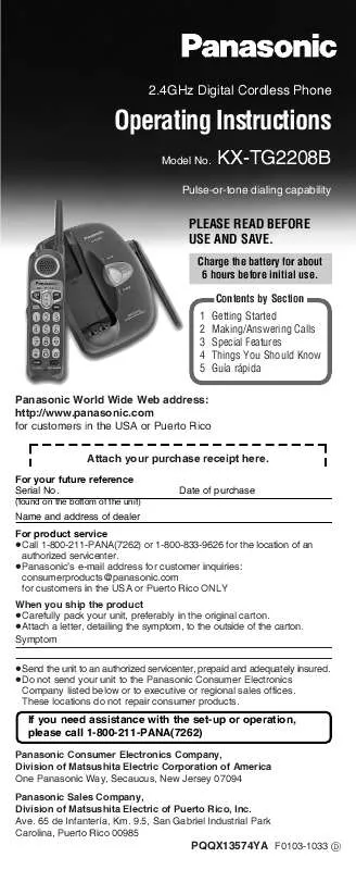 Mode d'emploi PANASONIC KX-TG2208