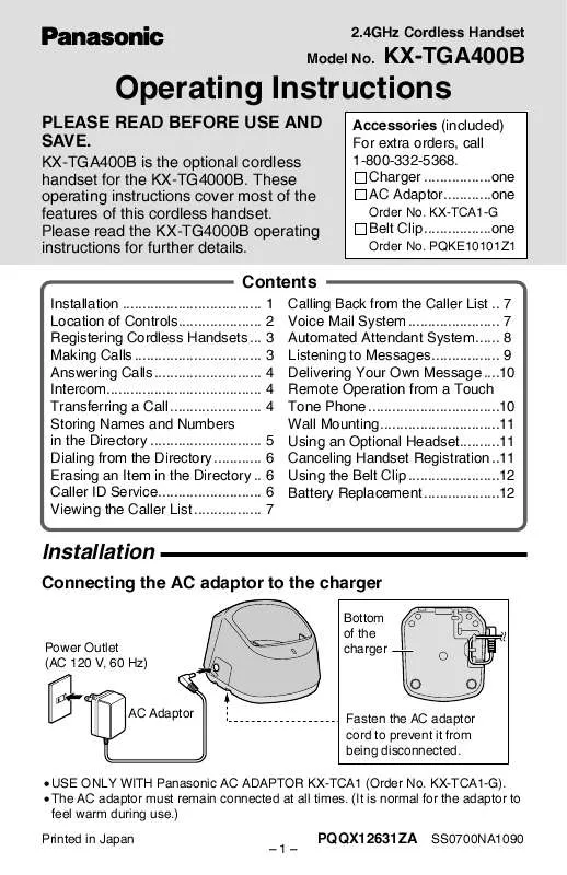 Mode d'emploi PANASONIC KX-TGA400