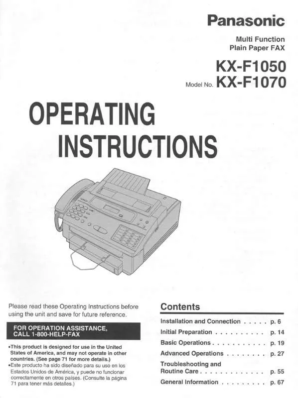 Mode d'emploi PANASONIC KX-F1050