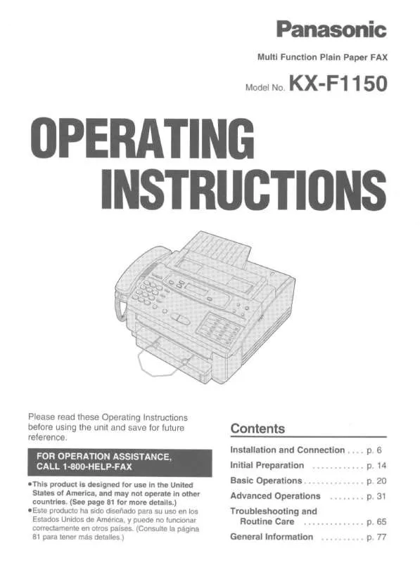 Mode d'emploi PANASONIC KX-F1150