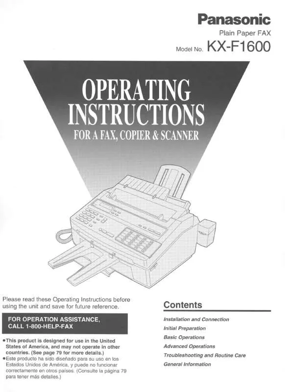 Mode d'emploi PANASONIC KX-F1600