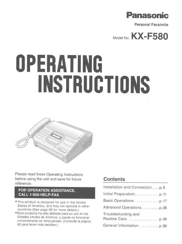 Mode d'emploi PANASONIC KX-F580