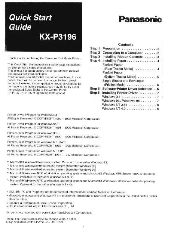 Mode d'emploi PANASONIC KX-P3196