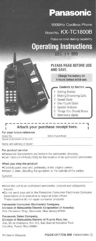 Mode d'emploi PANASONIC KX-TC1800B