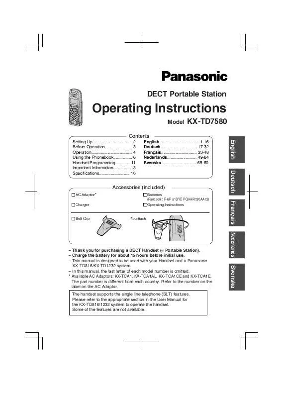 Mode d'emploi PANASONIC KX-TD7580CE