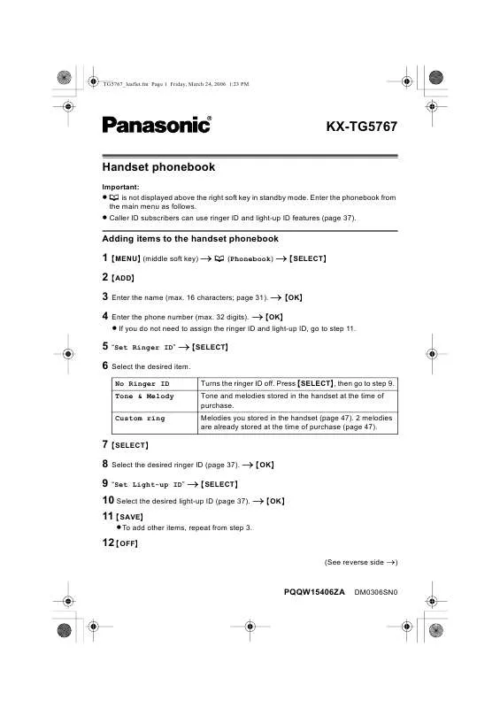 Mode d'emploi PANASONIC KX-TG5767