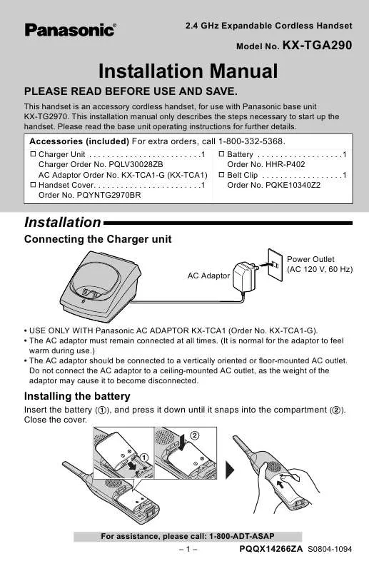 Mode d'emploi PANASONIC KX-TGA290