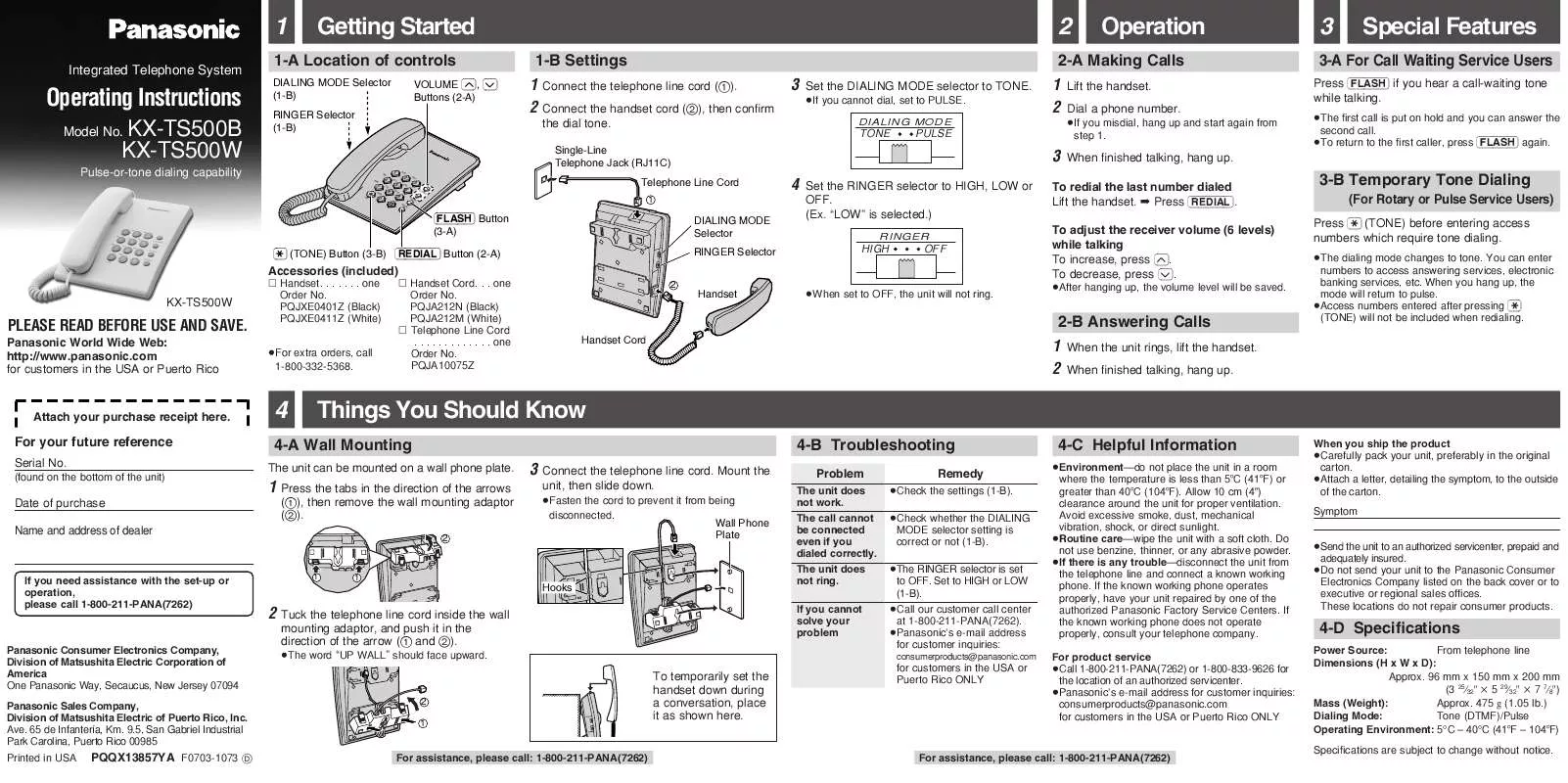 Mode d'emploi PANASONIC KX-TS500B