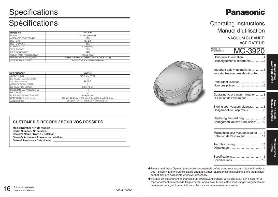 Mode d'emploi PANASONIC MC-3920