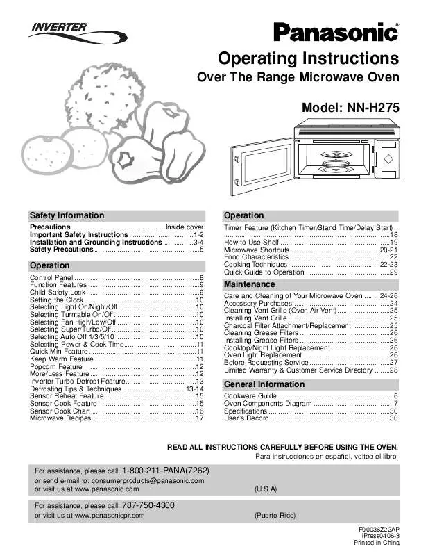 Mode d'emploi PANASONIC NN-H275QF