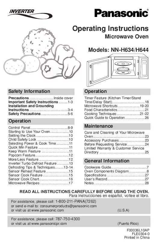 Mode d'emploi PANASONIC NN-H634BF