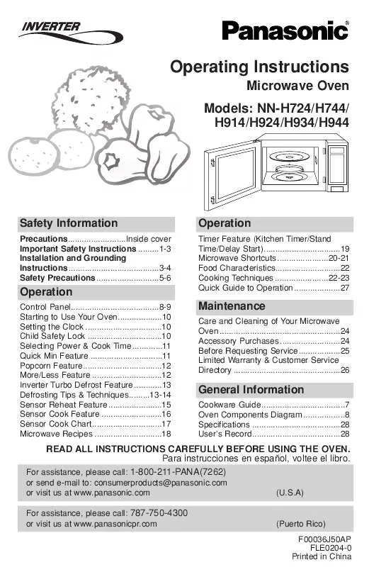 Mode d'emploi PANASONIC NN-H924BFW