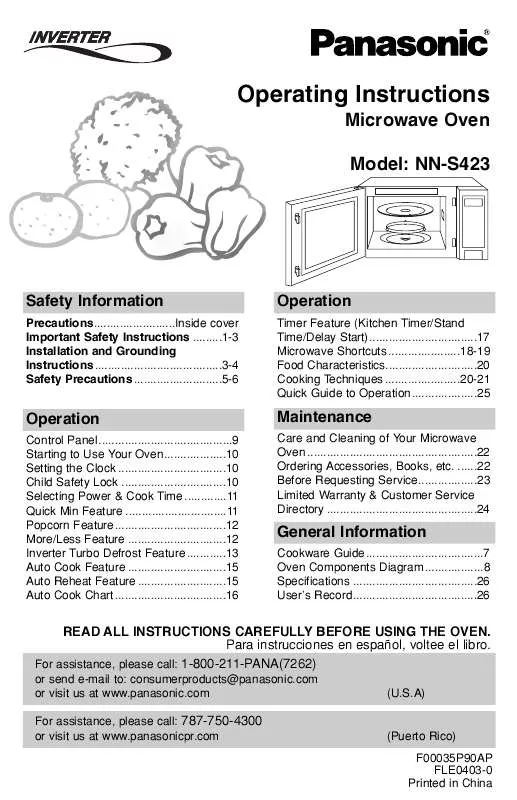 Mode d'emploi PANASONIC NN-S423BF