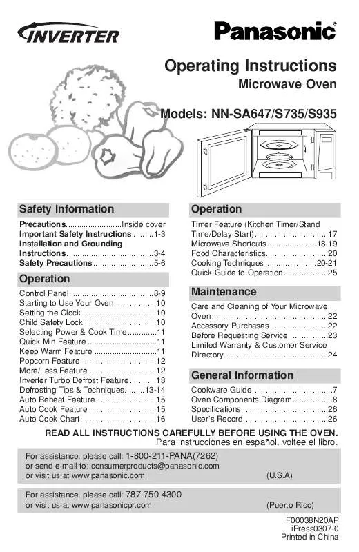 Mode d'emploi PANASONIC NN-SA647