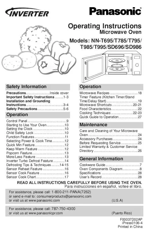 Mode d'emploi PANASONIC NN-SD696