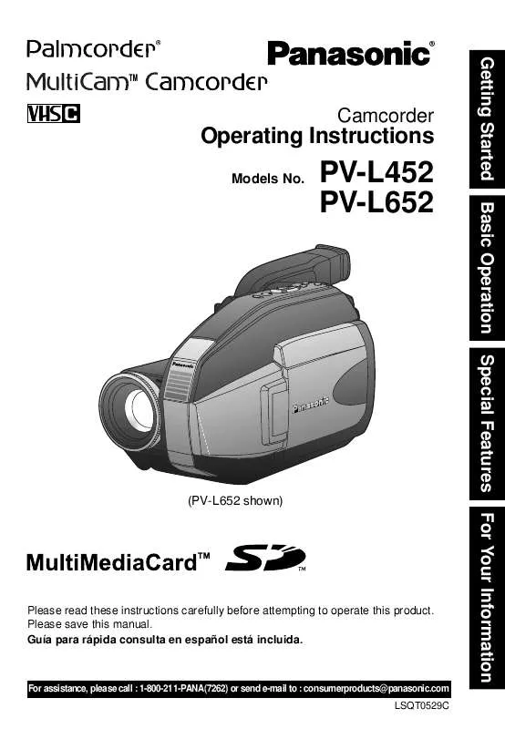 Mode d'emploi PANASONIC PALMCORDER PV-L452