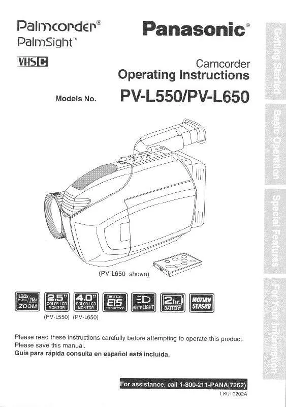 Mode d'emploi PANASONIC PALMCORDER PV-L550