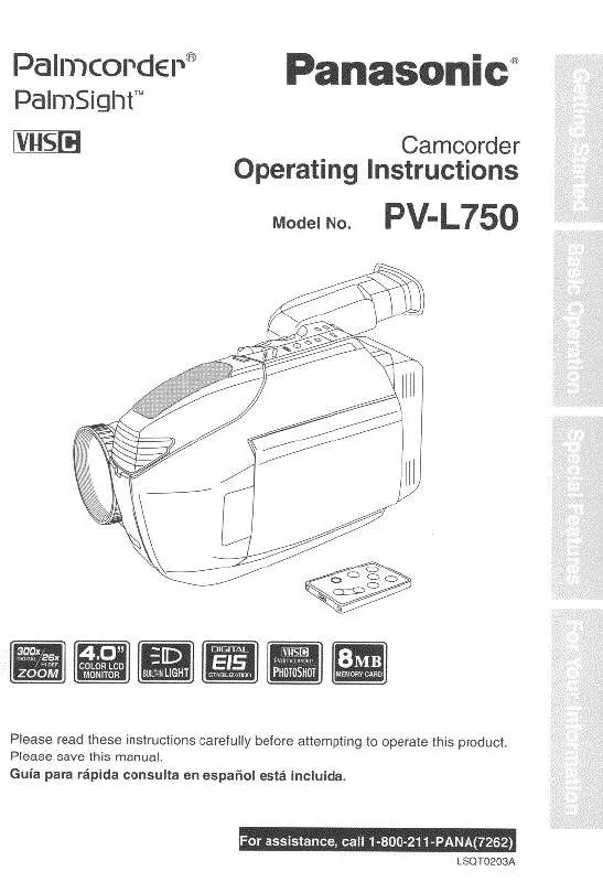 Mode d'emploi PANASONIC PALMCORDER PV-L750