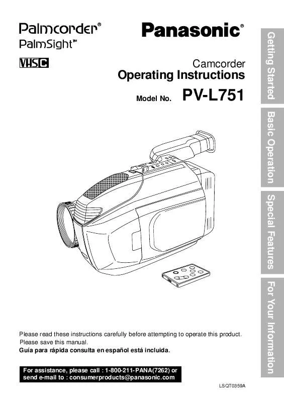 Mode d'emploi PANASONIC PALMCORDER PV-L751