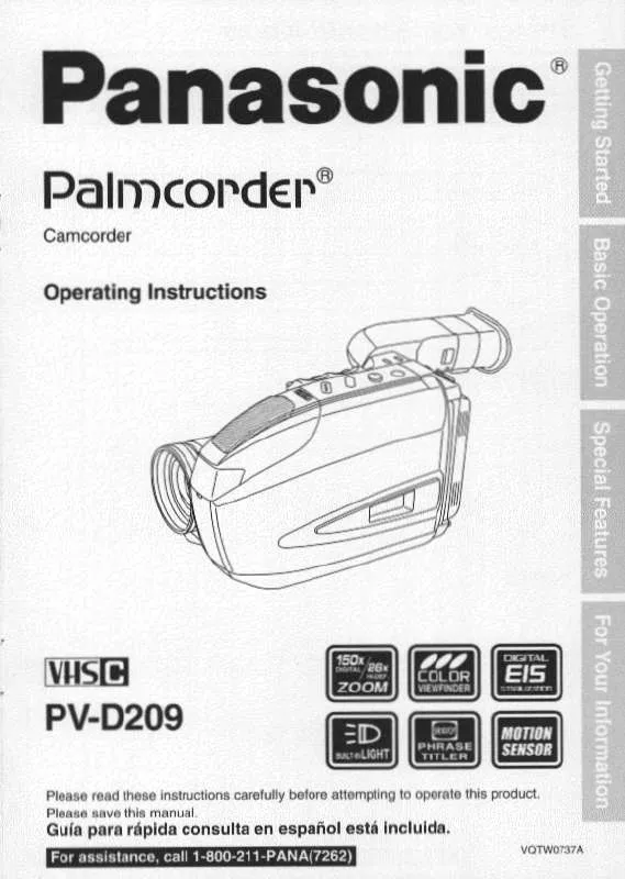 Mode d'emploi PANASONIC PALMCORDER PV-D209