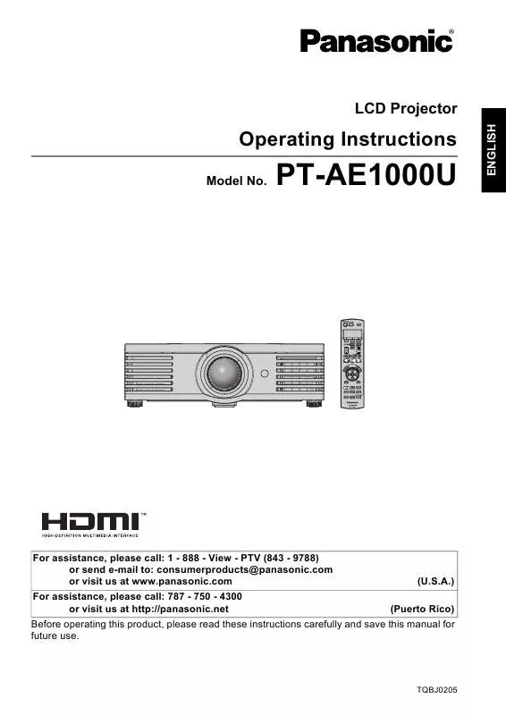 Mode d'emploi PANASONIC PT-AE1000