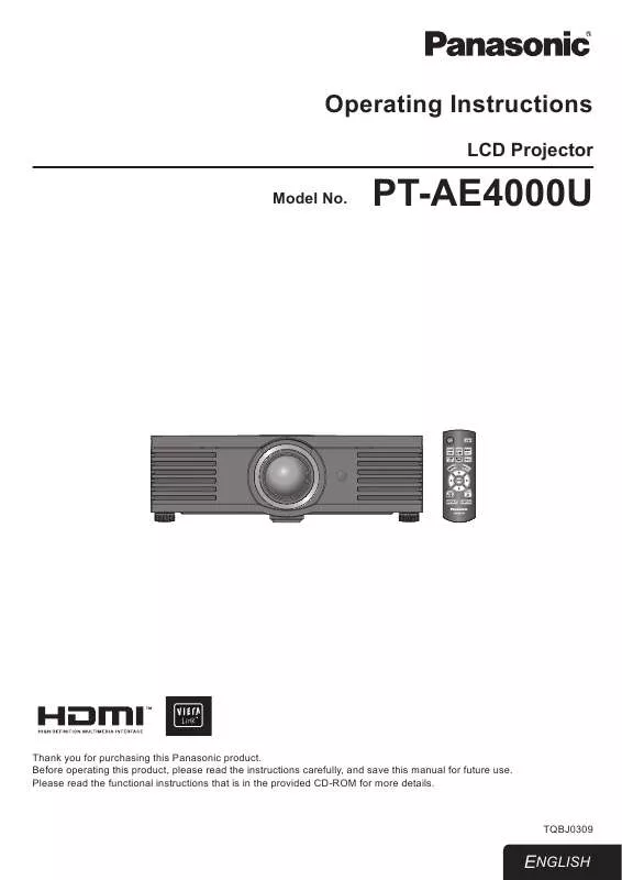 Mode d'emploi PANASONIC PT-AE4000U