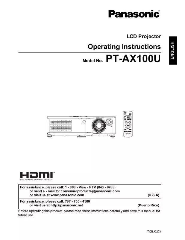 Mode d'emploi PANASONIC PT-AX100