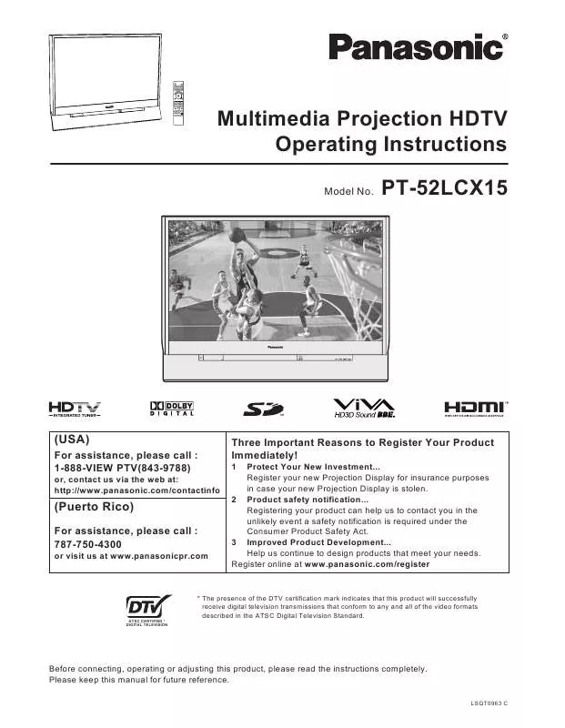 Mode d'emploi PANASONIC PT-52LCX15