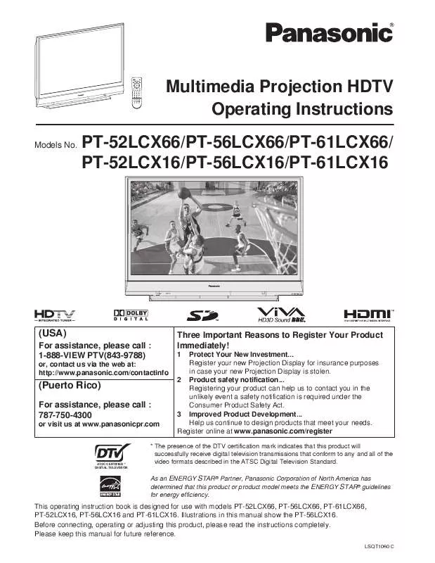 Mode d'emploi PANASONIC PT-52LCX16