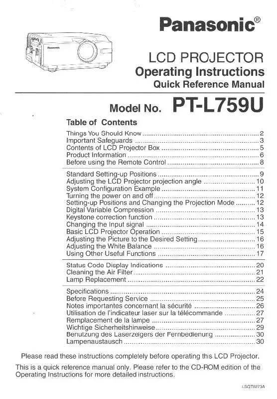 Mode d'emploi PANASONIC PT-L759U